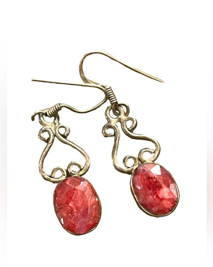 Lovely raw ruby dangle fancy Thai earrings 925 Sterling silver