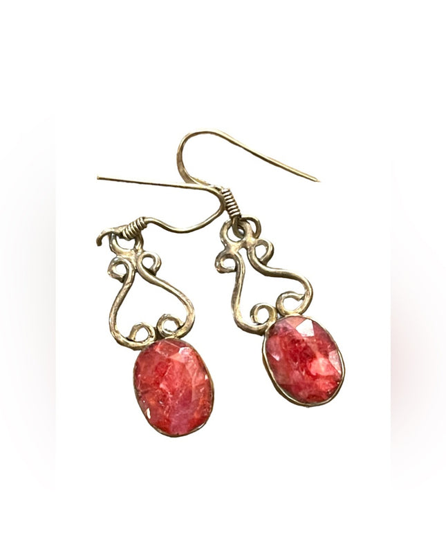 Lovely raw ruby dangle fancy Thai earrings 925 Sterling silver