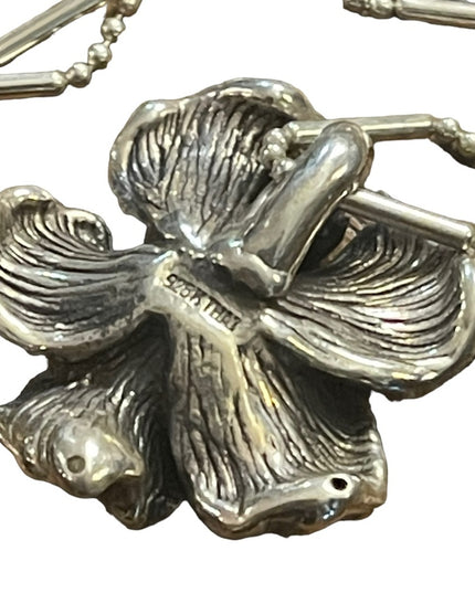 Puffed ornate antiqued flower Chunky pendant sterling silver 925 Necklace