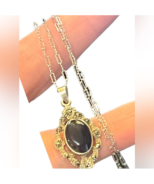 Vintage fancy ornate black onyx marcasite pendant necklace 925 sterling