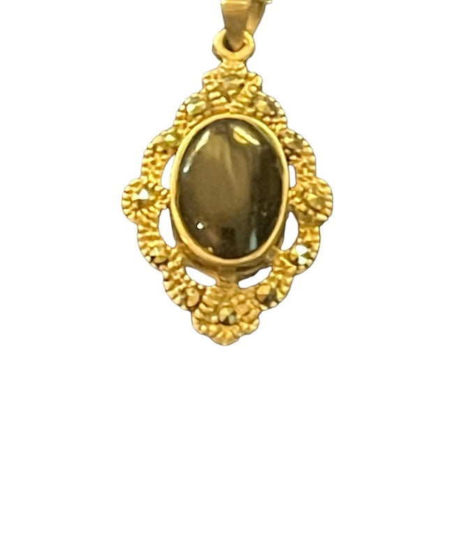 Vintage fancy ornate black onyx marcasite pendant necklace 925 sterling