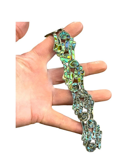 Vintage Mexico LS Taxco Eagle mark appx 1960s Abalone inlay scrolled bracelet