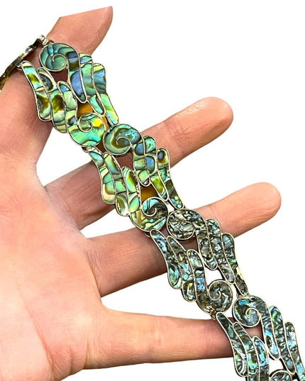 Vintage Mexico LS Taxco Eagle mark appx 1960s Abalone inlay scrolled bracelet