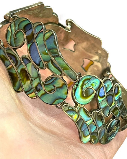Vintage Mexico LS Taxco Eagle mark appx 1960s Abalone inlay scrolled bracelet