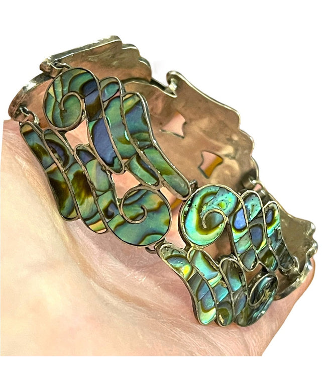 Vintage Mexico LS Taxco Eagle mark appx 1960s Abalone inlay scrolled bracelet