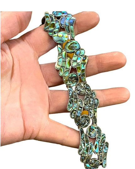 Vintage Mexico LS Taxco Eagle mark appx 1960s Abalone inlay scrolled bracelet