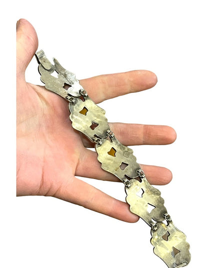 Vintage Mexico LS Taxco Eagle mark appx 1960s Abalone inlay scrolled bracelet