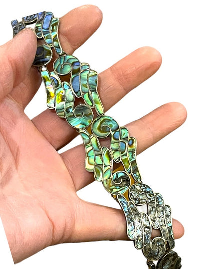 Vintage Mexico LS Taxco Eagle mark appx 1960s Abalone inlay scrolled bracelet