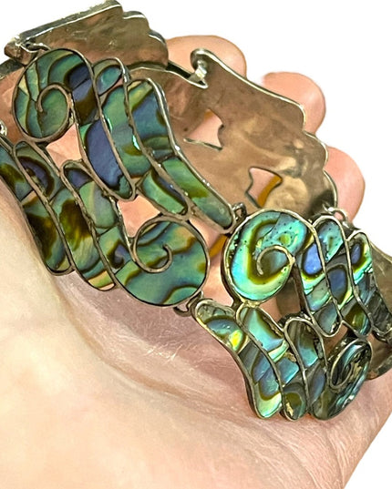 Vintage Mexico LS Taxco Eagle mark appx 1960s Abalone inlay scrolled bracelet