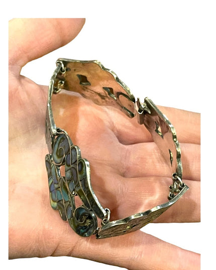 Vintage Mexico LS Taxco Eagle mark appx 1960s Abalone inlay scrolled bracelet