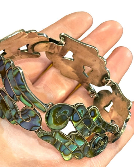 Vintage Mexico LS Taxco Eagle mark appx 1960s Abalone inlay scrolled bracelet