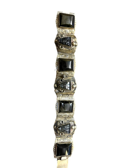 Vintage 1940s DF Mexico 925 Sterling black onyx mayan aztec link  bracelet