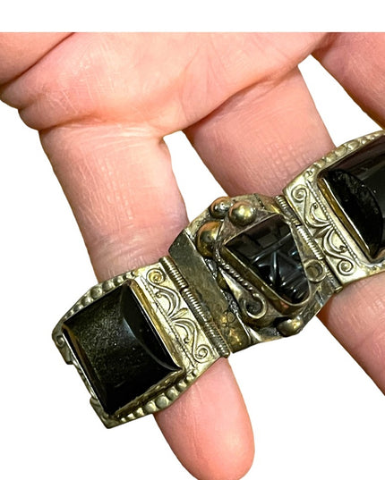Vintage 1940s DF Mexico 925 Sterling black onyx mayan aztec link  bracelet