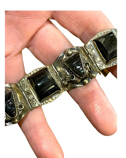 Vintage 1940s DF Mexico 925 Sterling black onyx mayan aztec link  bracelet