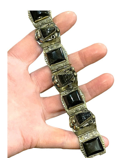 Vintage 1940s DF Mexico 925 Sterling black onyx mayan aztec link  bracelet
