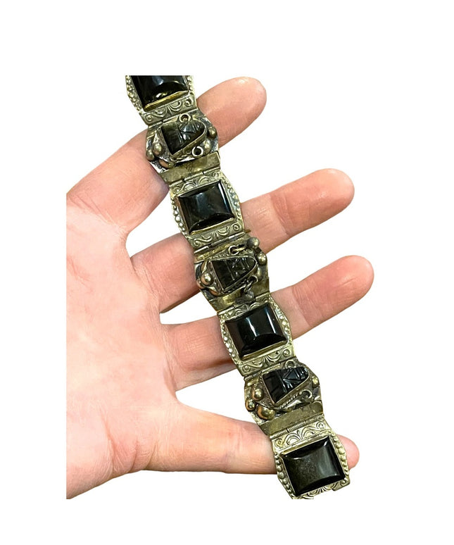 Vintage 1940s DF Mexico 925 Sterling black onyx mayan aztec link  bracelet