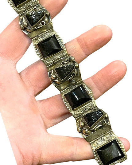 Vintage 1940s DF Mexico 925 Sterling black onyx mayan aztec link  bracelet