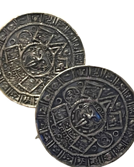 Vtg 1940s JE Taxco Mexico Sterling Silver Aztec Calendar Screw Back Earrings