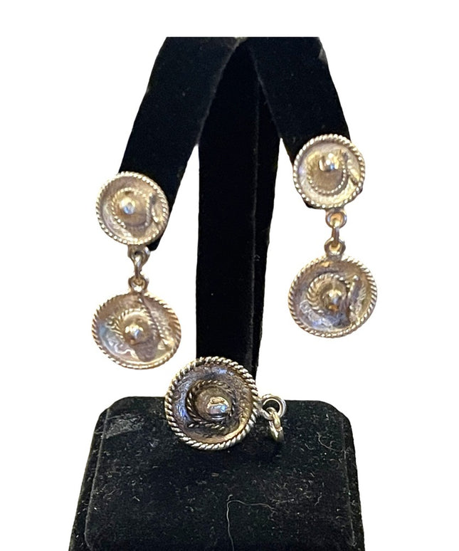 Vintage sterling silver 925 Sombrero Dangle hat earrings with necklace pendant