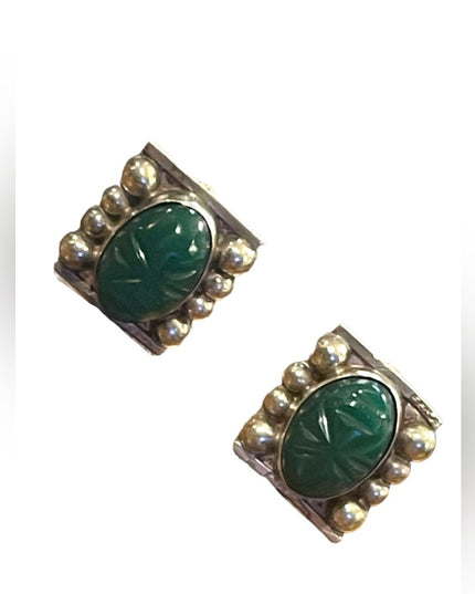 Vintage 1950s sterling silver 925 Taxco Mexico Aztec Mayan Green Onyx earrings