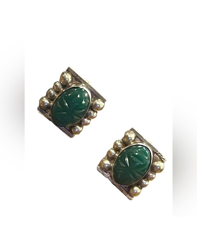 Vintage 1950s sterling silver 925 Taxco Mexico Aztec Mayan Green Onyx earrings