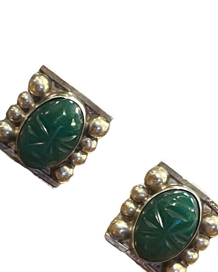 Vintage 1950s sterling silver 925 Taxco Mexico Aztec Mayan Green Onyx earrings