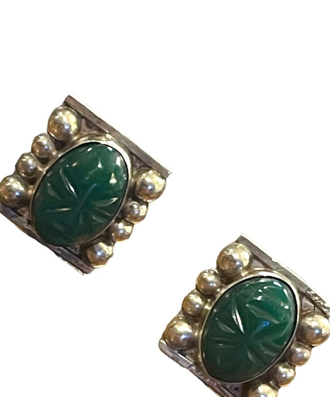 Vintage 1950s sterling silver 925 Taxco Mexico Aztec Mayan Green Onyx earrings