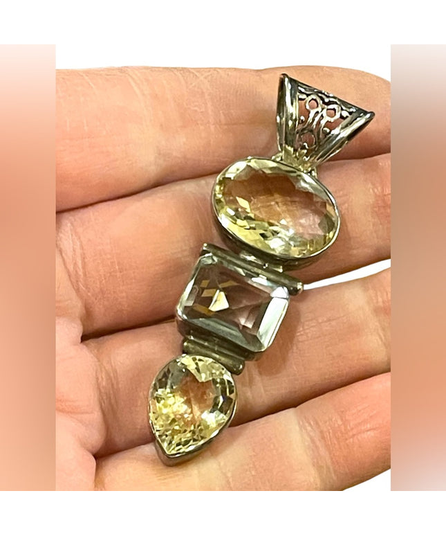 Genuine Citrine & Aqua Faceted stone Large silver pendant