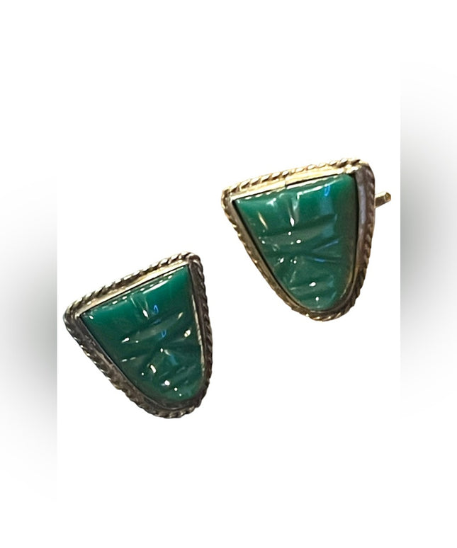 Vintage JVR Mexico 925 Taxco Green Onyx Aztec Mayan cufflinks sterling silver