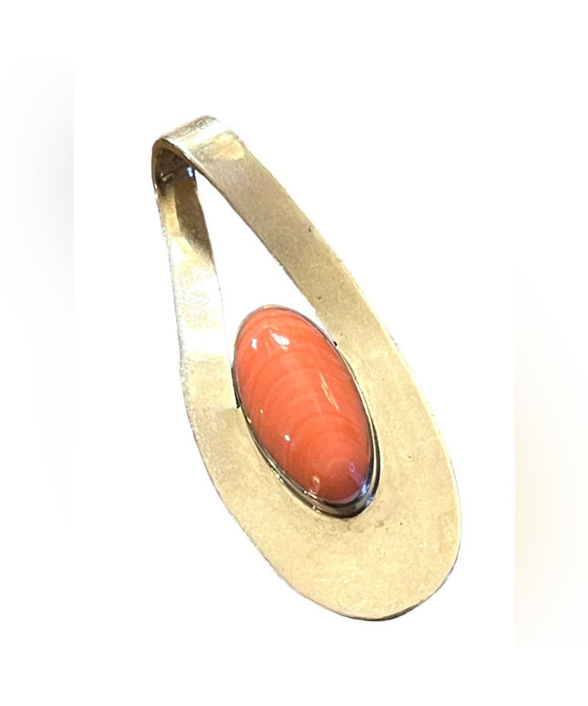 Vintage Large Sterling silver Mexico 925 Pendant Coral stone