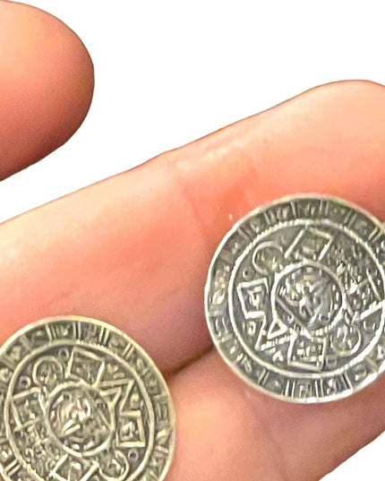 Vtg 1940s JE Taxco Mexico Sterling Silver Aztec Calendar Screw Back Earrings