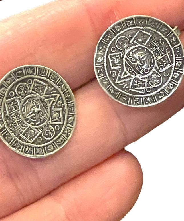 Vtg 1940s JE Taxco Mexico Sterling Silver Aztec Calendar Screw Back Earrings