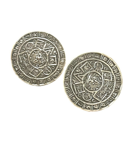Vtg 1940s JE Taxco Mexico Sterling Silver Aztec Calendar Screw Back Earrings
