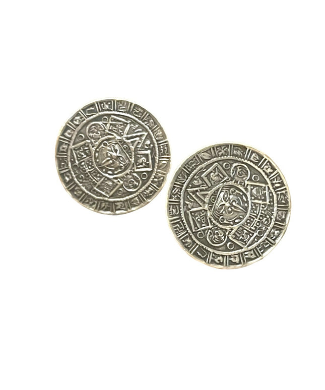 Vtg 1940s JE Taxco Mexico Sterling Silver Aztec Calendar Screw Back Earrings