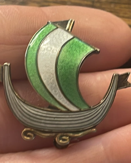 NORWAY DESIGNER AKSEL HOLMSEN STERLING SILVER GOLD ENAMEL VIKING SHIP PIN BROOCH
