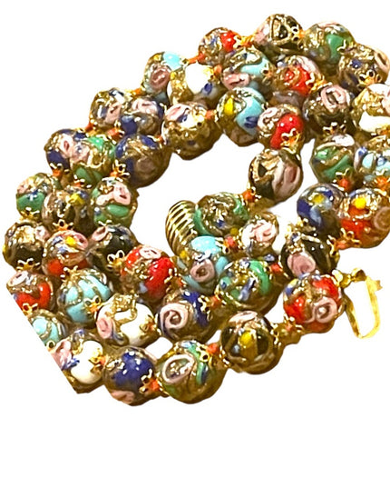 Vintage 11mm Gold Dust Roses Beads Hand Made Murano Wedding Cake Glass Necklace