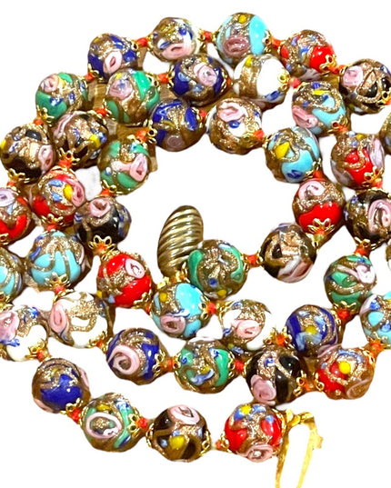 Vintage 11mm Gold Dust Roses Beads Hand Made Murano Wedding Cake Glass Necklace