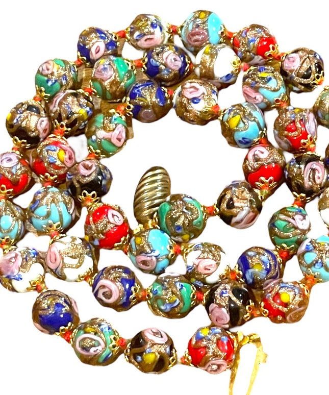 Vintage 11mm Gold Dust Roses Beads Hand Made Murano Wedding Cake Glass Necklace