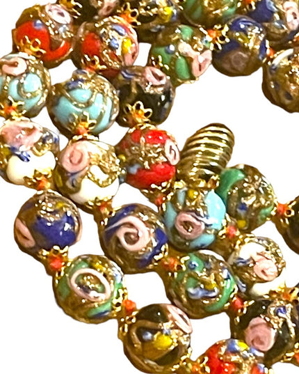 Vintage 11mm Gold Dust Roses Beads Hand Made Murano Wedding Cake Glass Necklace