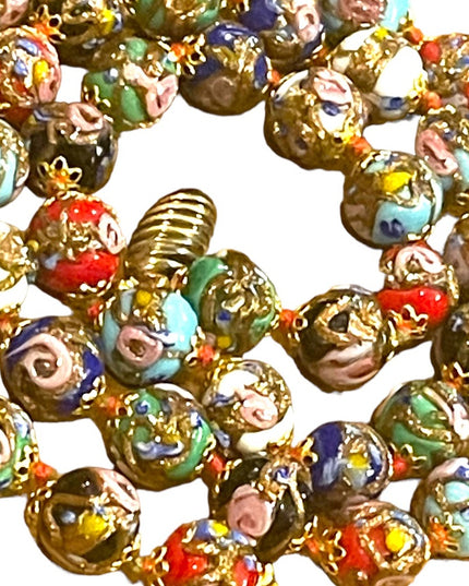 Vintage 11mm Gold Dust Roses Beads Hand Made Murano Wedding Cake Glass Necklace