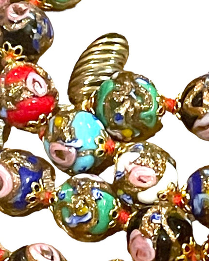 Vintage 11mm Gold Dust Roses Beads Hand Made Murano Wedding Cake Glass Necklace