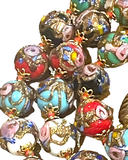 Vintage 11mm Gold Dust Roses Beads Hand Made Murano Wedding Cake Glass Necklace