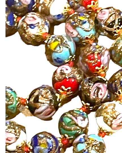 Vintage 11mm Gold Dust Roses Beads Hand Made Murano Wedding Cake Glass Necklace