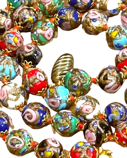 Vintage 11mm Gold Dust Roses Beads Hand Made Murano Wedding Cake Glass Necklace
