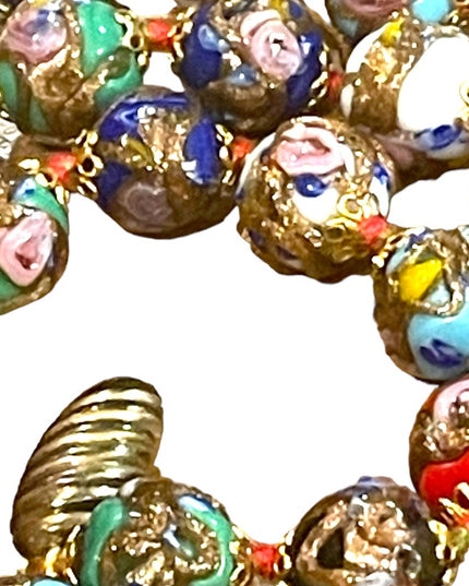 Vintage 11mm Gold Dust Roses Beads Hand Made Murano Wedding Cake Glass Necklace