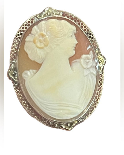 Vintage Mid Century Carved Shell Cameo Large silver brooch Victorian Lady