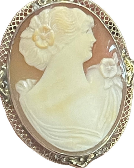Vintage Mid Century Carved Shell Cameo Large silver brooch Victorian Lady
