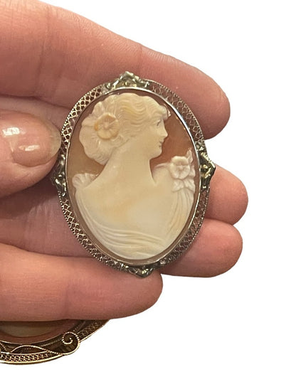 Vintage Mid Century Carved Shell Cameo Large silver brooch Victorian Lady