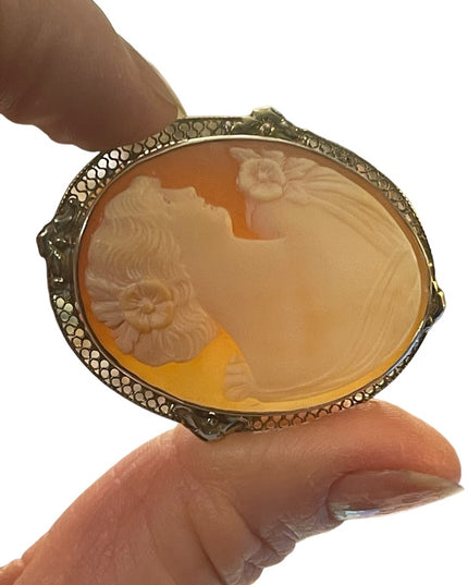 Vintage Mid Century Carved Shell Cameo Large silver brooch Victorian Lady