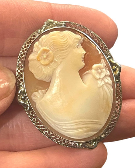 Vintage Mid Century Carved Shell Cameo Large silver brooch Victorian Lady
